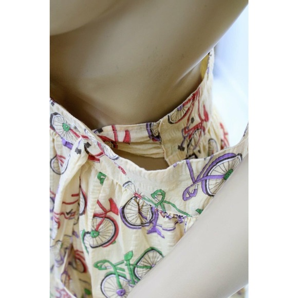 Long Bib Apron Bicycles on Yellow seersucker fabric Wrap style Pinafore M L - Picture 7 of 9